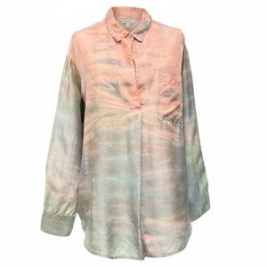 Raquel Allegra Barneys NY Hand-Dyed Silk Blouse Pink Grey Green, Size Large
